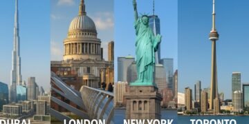 Dubai skyline with Burj Khalifa alongside London, New York, and Toronto skylines — global real estate investment comparison 2025.