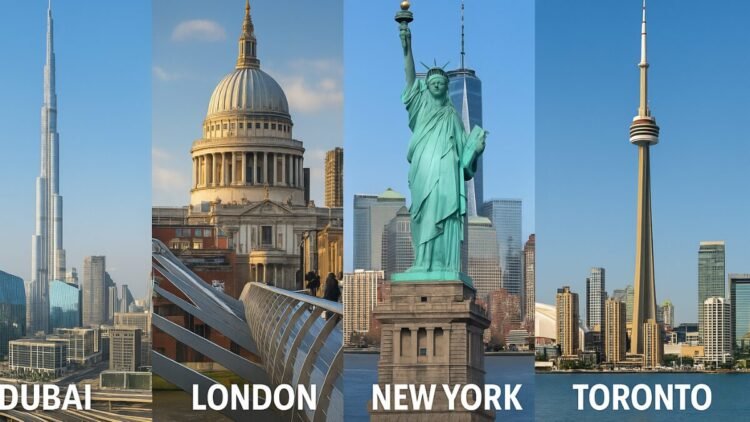 Dubai skyline with Burj Khalifa alongside London, New York, and Toronto skylines — global real estate investment comparison 2025.
