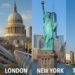 Dubai skyline with Burj Khalifa alongside London, New York, and Toronto skylines — global real estate investment comparison 2025.