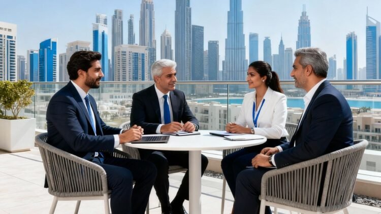 Dubai skyline with real estate professionals and developers discussing property investment options with international investors