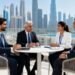 Dubai skyline with real estate professionals and developers discussing property investment options with international investors