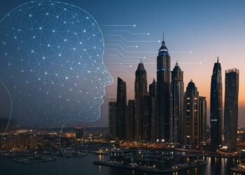 A digital composite showing the Dubai Marina skyline with an abstract AI neural network overlay, representing artificial intelligence analyzing real estate investment opportunities in Dubai.