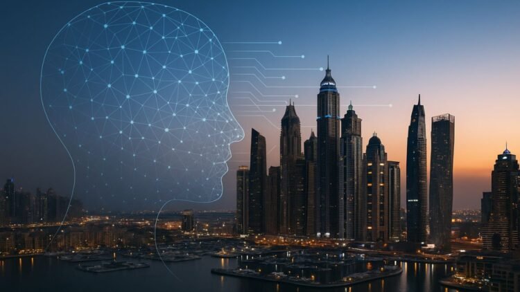 A digital composite showing the Dubai Marina skyline with an abstract AI neural network overlay, representing artificial intelligence analyzing real estate investment opportunities in Dubai.