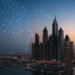A digital composite showing the Dubai Marina skyline with an abstract AI neural network overlay, representing artificial intelligence analyzing real estate investment opportunities in Dubai.