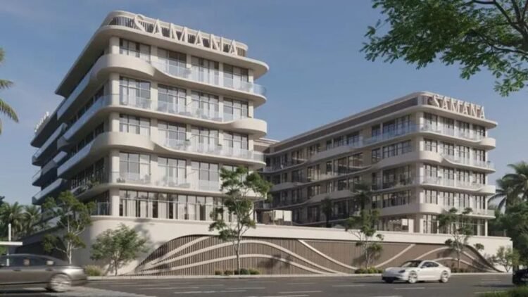 Modern mid-rise residential building of Samana Hills South 3 in Dubai South with pool and landscaped surroundings.