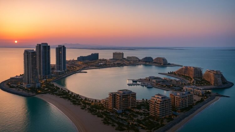 St. Regis Residences Dubai Islands aerial view showcasing waterfront luxury development by AVENEW and Marriott
