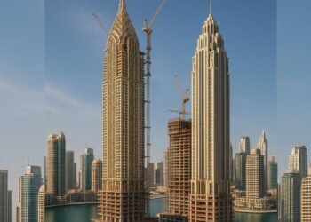 Aerial view of Aeternitas and Vanguard towers by London Gate and Franck Muller under construction in Dubai Marina.