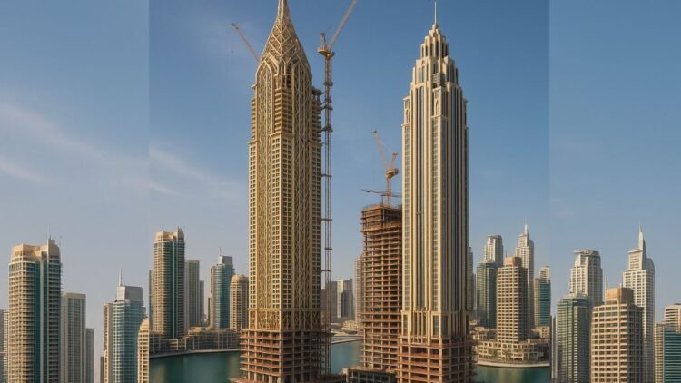 Aerial view of Aeternitas and Vanguard towers by London Gate and Franck Muller under construction in Dubai Marina.