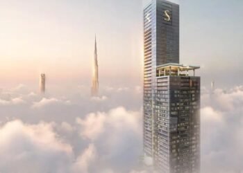 Sobha SkyParks 109-storey tower on Sheikh Zayed Road featuring glass façade and elevated SkyParks overlooking Dubai skyline.