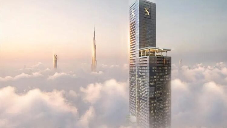 Sobha SkyParks 109-storey tower on Sheikh Zayed Road featuring glass façade and elevated SkyParks overlooking Dubai skyline.