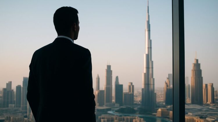 Business investor overlooking Dubai’s luxury skyline, symbolizing property investment opportunities.