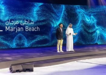 Marjan Beach Ras Al Khaimah waterfront community with residential towers, hotels, and green spaces