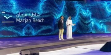 Marjan Beach Ras Al Khaimah waterfront community with residential towers, hotels, and green spaces