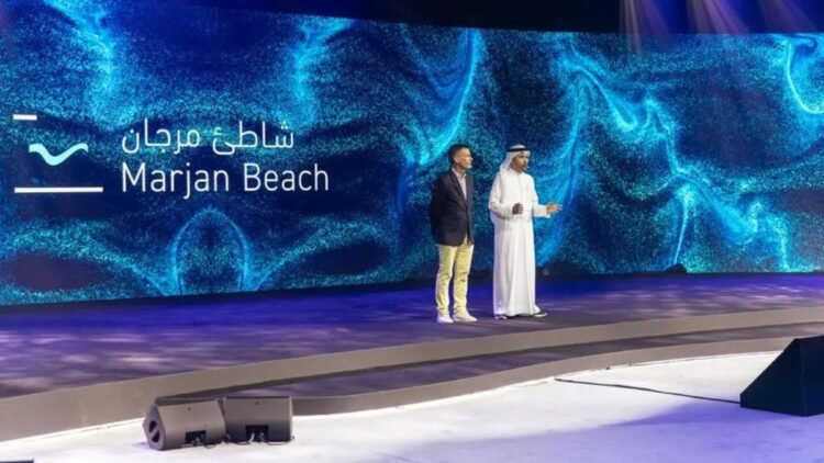 Marjan Beach Ras Al Khaimah waterfront community with residential towers, hotels, and green spaces