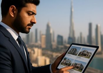 Indian real estate investor in business attire viewing Dubai property listings on a tablet with Dubai skyline and Burj Khalifa in the background.