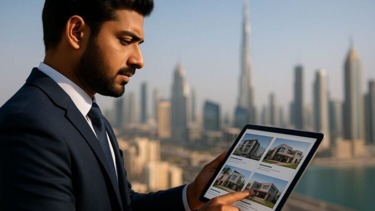 Indian real estate investor in business attire viewing Dubai property listings on a tablet with Dubai skyline and Burj Khalifa in the background.