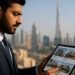 Indian real estate investor in business attire viewing Dubai property listings on a tablet with Dubai skyline and Burj Khalifa in the background.