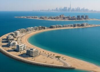 Mid-luxury waterfront apartments at Floarea Breeze on Dubai Islands property for Indian investors at sunrise skyline view.