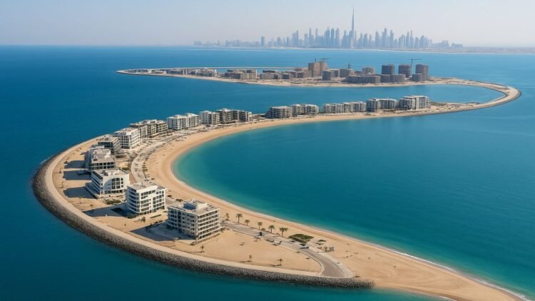 Mid-luxury waterfront apartments at Floarea Breeze on Dubai Islands property for Indian investors at sunrise skyline view.