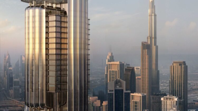A high-resolution image of a futuristic glass skyscraper representing LUMENA ALTA by OMNIYAT, Dubai’s tallest luxury commercial tower in Business Bay.