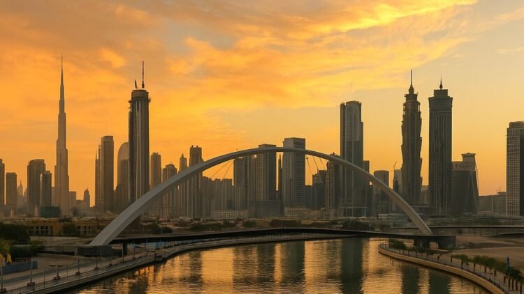 Aerial view of Dubai Water Canal and Business Bay skyline at sunset, showing luxury towers, bridges, and waterfront plots, symbolizing Dubai’s record AED 362 million land sale.