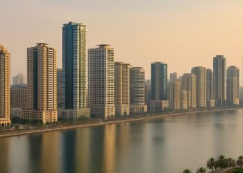 Aerial view of Dubai South Residential District retail hub featuring South Bay Mall site, lagoon, and community amenities.