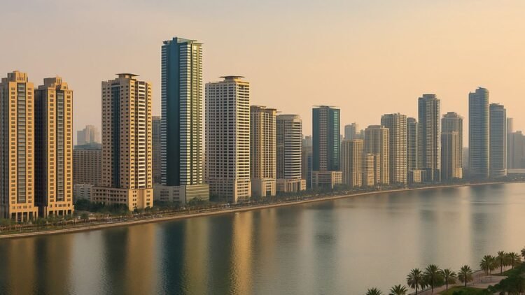 Aerial view of Dubai South Residential District retail hub featuring South Bay Mall site, lagoon, and community amenities.