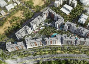 Olfah Sharjah forest-designed walkable community investment – modern apartments, lush landscaping.