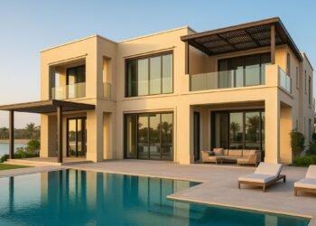 A modern ultra-luxury villa in Dubai featuring a minimalist architectural design with large glass windows, an infinity pool, sun loungers, and landscaped palm surroundings overlooking a tranquil lagoon at sunset.