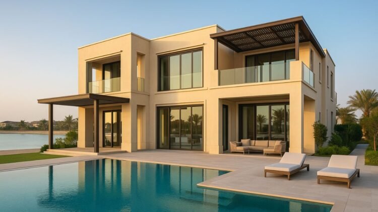 A modern ultra-luxury villa in Dubai featuring a minimalist architectural design with large glass windows, an infinity pool, sun loungers, and landscaped palm surroundings overlooking a tranquil lagoon at sunset.
