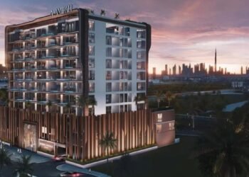 Aerial view of Bonds Avenue Residences on Dubai Islands featuring luxury waterfront apartments and sea views.