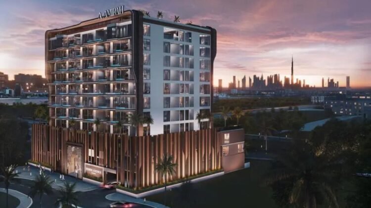 Aerial view of Bonds Avenue Residences on Dubai Islands featuring luxury waterfront apartments and sea views.