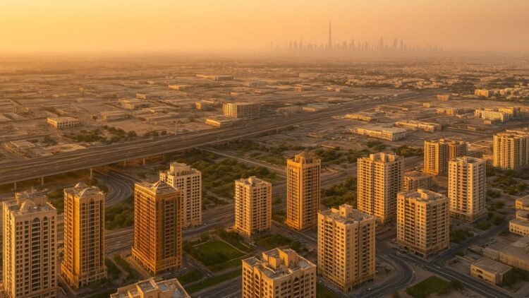 Sharjah real estate October 2025 showing residential and industrial developments with Dubai skyline in background