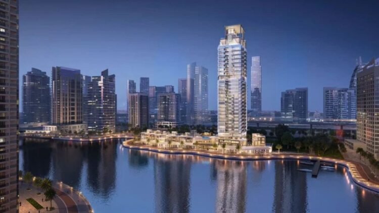 LIV Developers Dubai Marina pipeline showing waterfront towers and yacht marina at dusk with illuminated residential buildings