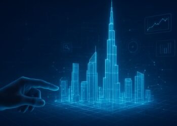 Dubai skyline and digital network overlay representing proptech has transforming real-estate