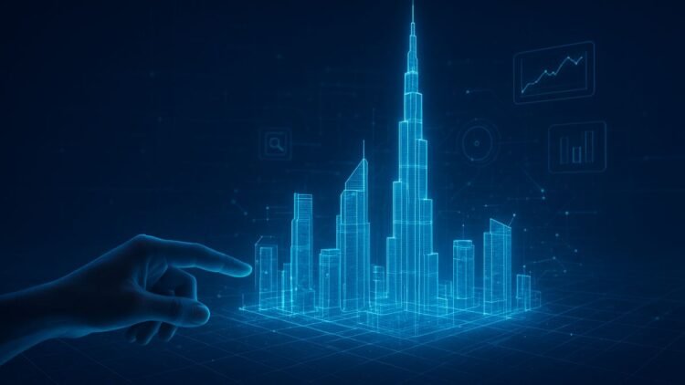 Dubai skyline and digital network overlay representing proptech has transforming real-estate