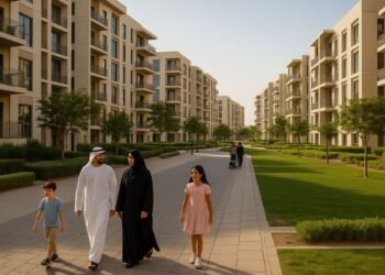 A family walks along landscaped pathways lined with modern low-rise apartment buildings in Dubai South, showcasing a vibrant residential community with green spaces and contemporary architecture under warm afternoon sunlight.