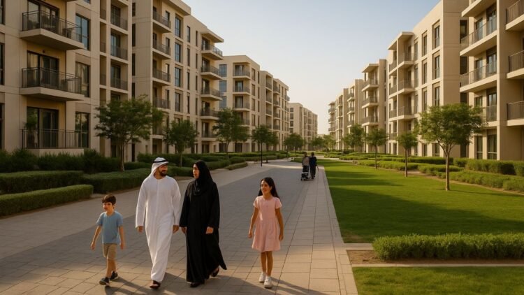 A family walks along landscaped pathways lined with modern low-rise apartment buildings in Dubai South, showcasing a vibrant residential community with green spaces and contemporary architecture under warm afternoon sunlight.