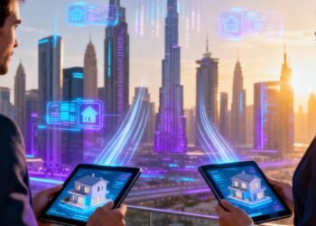 Dubai skyline with digital overlay showing property technology transformation and real estate agents using tablets