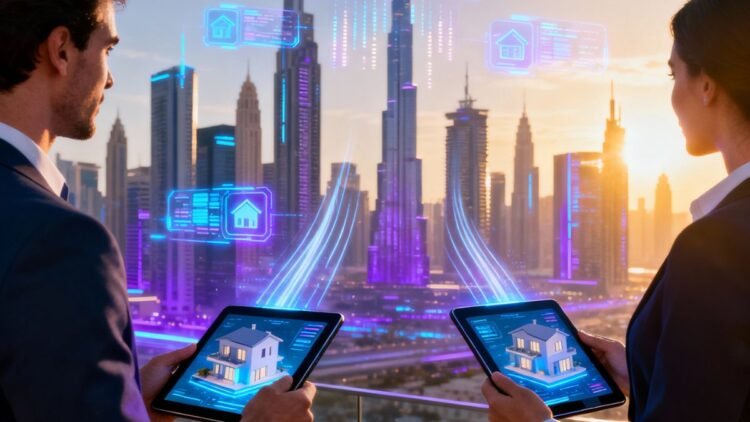 Dubai skyline with digital overlay showing property technology transformation and real estate agents using tablets