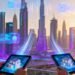 Dubai skyline with digital overlay showing property technology transformation and real estate agents using tablets