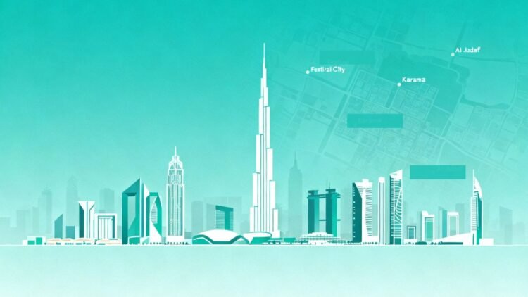 Map showing top rated Dubai rentals under 100k, highlighting Festival City, Karama, and Al Jaddaf.