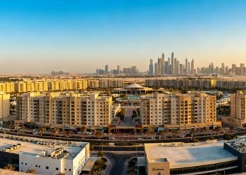Modern Dubai skyline with highlighted mid-market districts offering apartments under 1.5m.