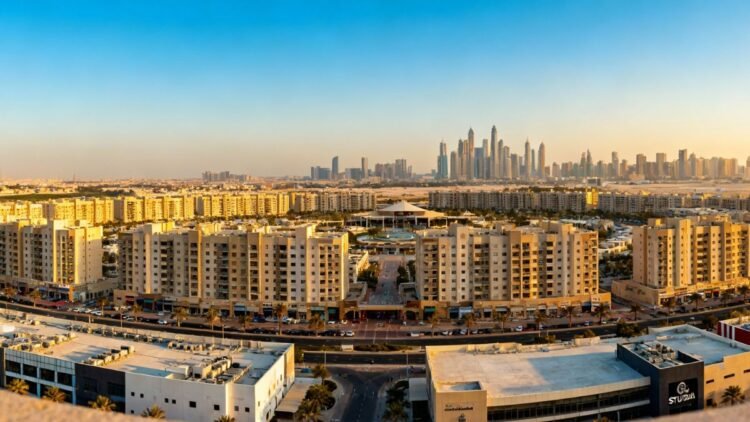 Modern Dubai skyline with highlighted mid-market districts offering apartments under 1.5m.