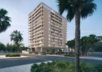 RIVO by Grovy modern Dubai Land residential apartments exterior with infinity pool and landscaped amenities in DLRC