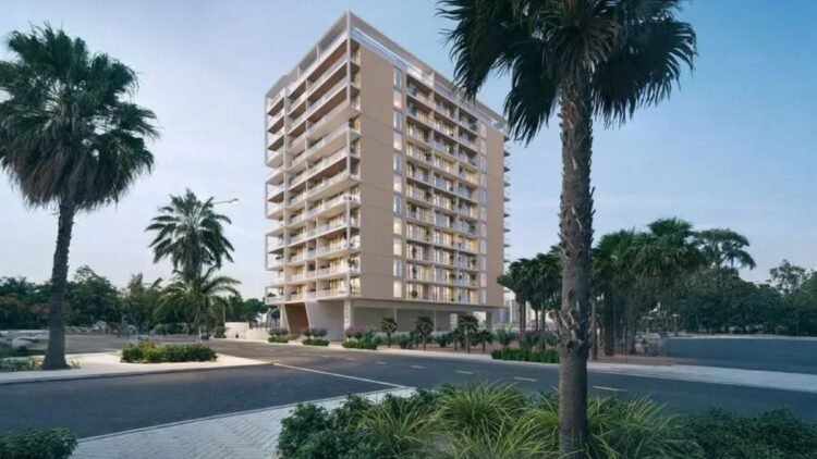 RIVO by Grovy modern Dubai Land residential apartments exterior with infinity pool and landscaped amenities in DLRC