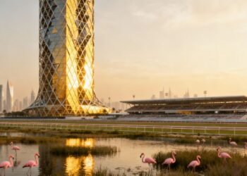 The Symphony Tower Zaha Hadid Tower Dubai 42-story luxury residential development in Horizon district with sustainable exoskeleton facade design overlooking Ras Al Khor wetlands