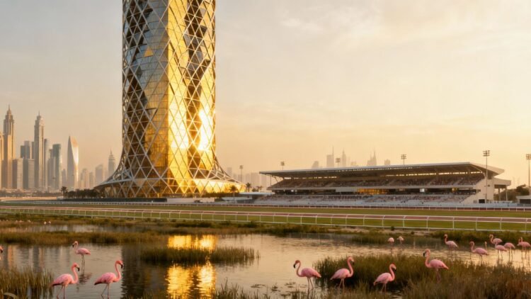 The Symphony Tower Zaha Hadid Tower Dubai 42-story luxury residential development in Horizon district with sustainable exoskeleton facade design overlooking Ras Al Khor wetlands