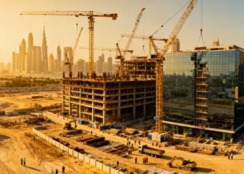 Aerial view of Dubai business districts showing vibrant land development and investment activity, spotlighting Dubai land transaction values surge.