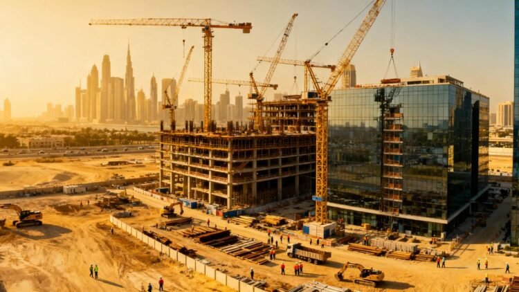Aerial view of Dubai business districts showing vibrant land development and investment activity, spotlighting Dubai land transaction values surge.